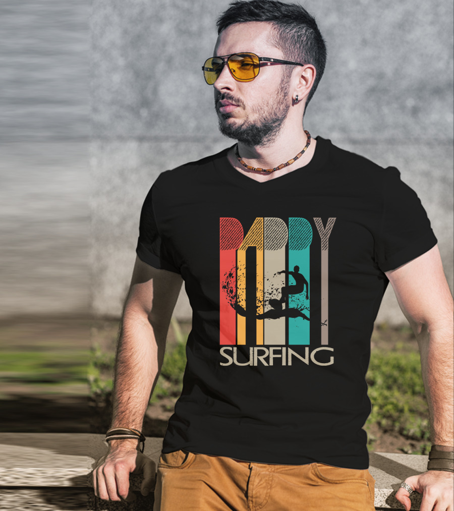 Vintage Daddy Surfing Silhouette With Retro Color Stripes T-Shirt