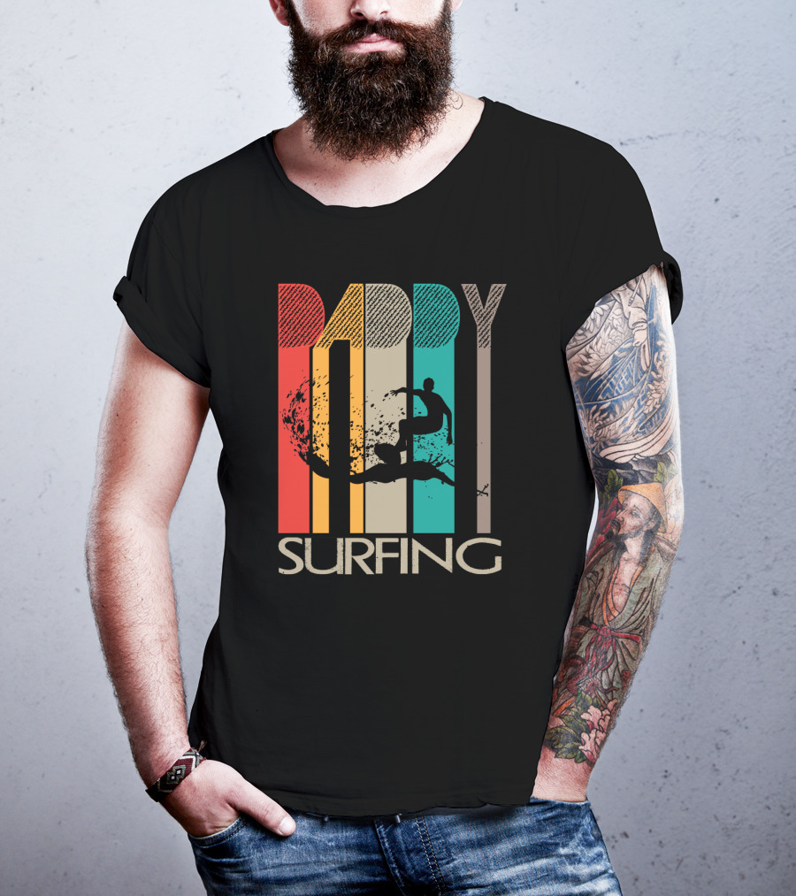 Vintage Daddy Surfing Silhouette With Retro Color Stripes T-Shirt