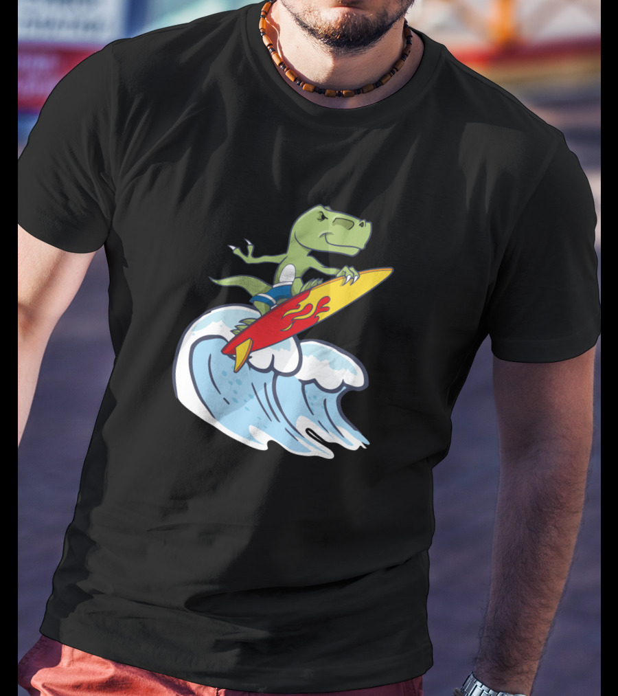 Dinosaur Riding Waves On Fiery Surfboard Ocean Adventure T-Shirt