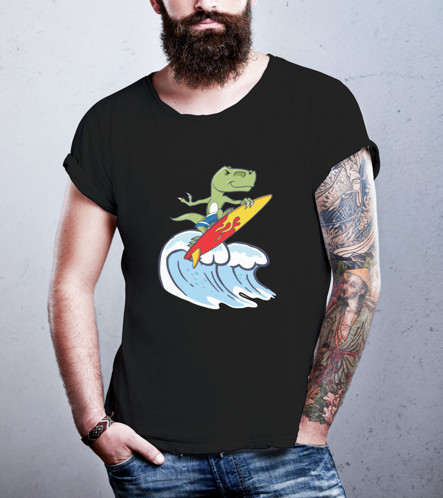 Dinosaur Riding Waves On Fiery Surfboard Ocean Adventure T-Shirt