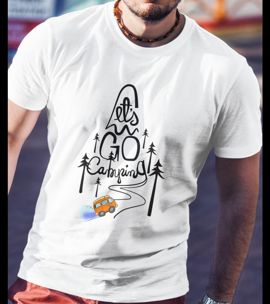 Let's Go Camping With Forest Trees And Orange Campervan Adventure T-Shirt