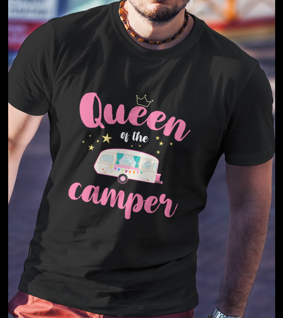 Queen Of The Camper With Crown And Star Accented Vintage Caravan T-Shirt