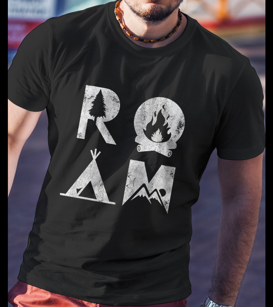 Roam Text Stack With Tree Campfire Tent Mountain Iconography Explore Nature Camping T-Shirt