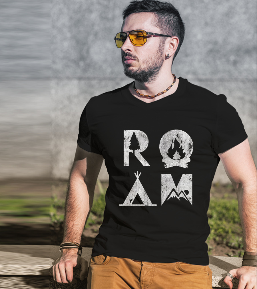 Roam Text Stack With Tree Campfire Tent Mountain Iconography Explore Nature Camping T-Shirt