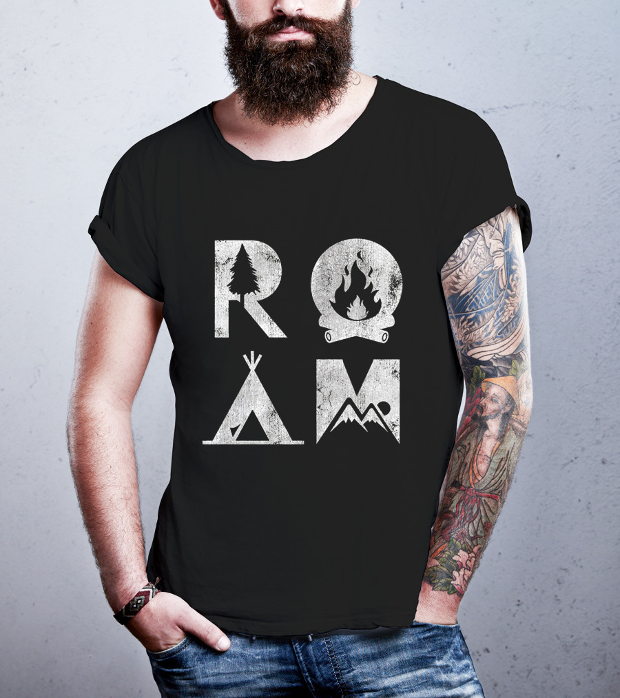 Roam Text Stack With Tree Campfire Tent Mountain Iconography Explore Nature Camping T-Shirt