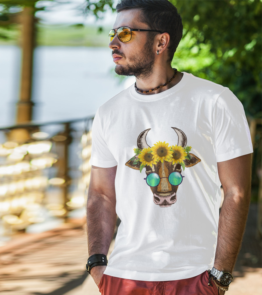 Cute Cow With Sunflower And Sunglasses Headpiece T-Shirt