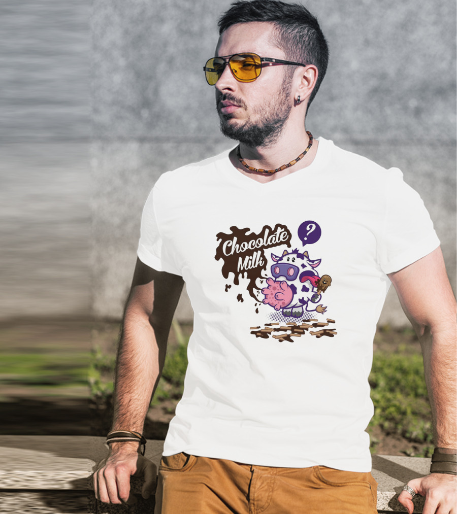 Chocolate Milk Cow Cartoon With Ice Cream And Question Mark By Squinked T-Shirt