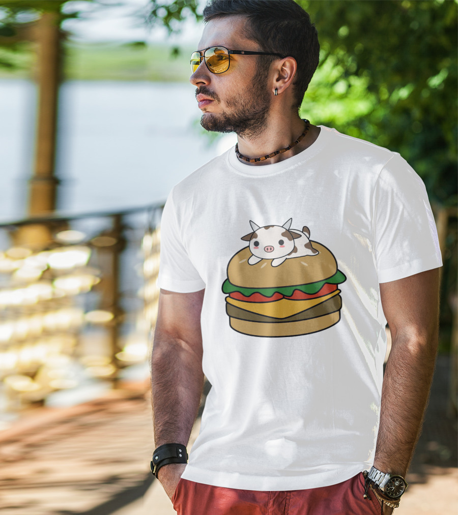 Funny Burger Cow Kawaii Cartoon Cheeseburger With Cute Animal Topping T-Shirt