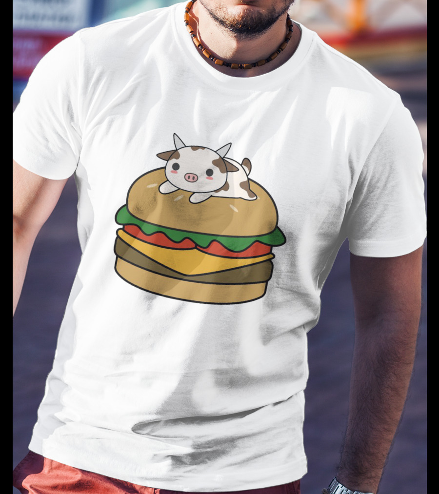 Funny Burger Cow Kawaii Cartoon Cheeseburger With Cute Animal Topping T-Shirt