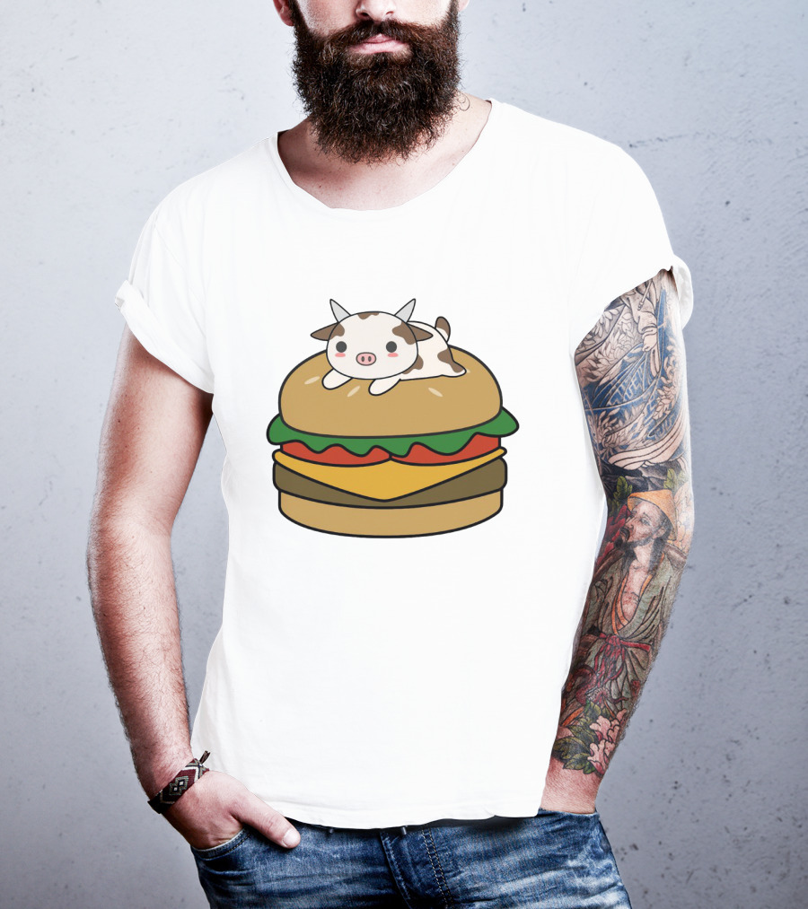 Funny Burger Cow Kawaii Cartoon Cheeseburger With Cute Animal Topping T-Shirt