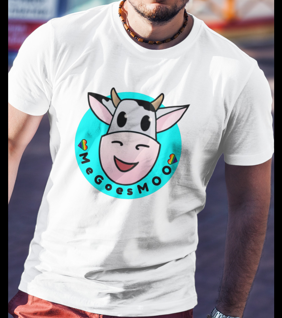MeGoesMOO Cute Cow Face With Rainbow Hearts T-Shirt