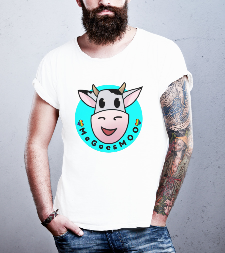 MeGoesMOO Cute Cow Face With Rainbow Hearts T-Shirt