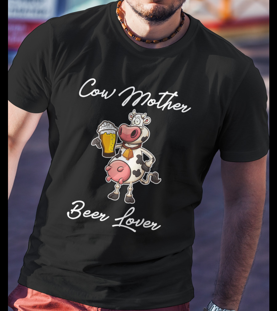 Cow Mother Holding Beer Glass Cartoon Art With Heart T-Shirt