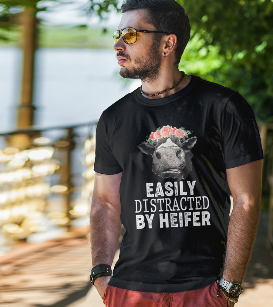 Easily Distracted By Heifer Floral Cow With Flower Crown T-Shirt