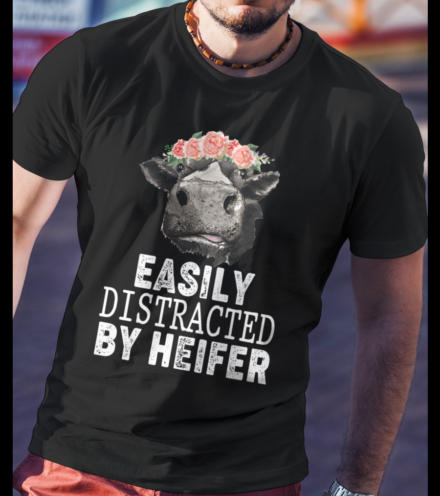 Easily Distracted By Heifer Floral Cow With Flower Crown T-Shirt