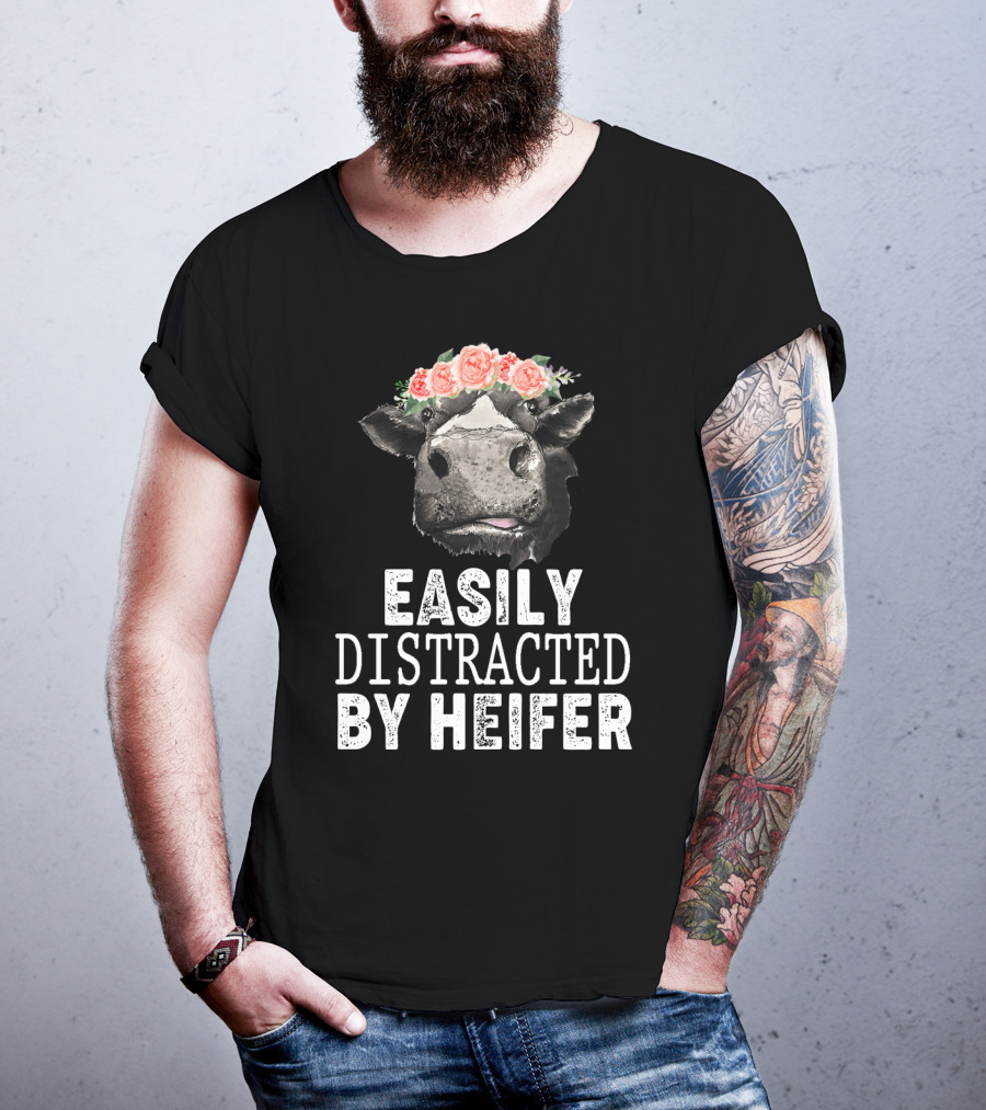 Easily Distracted By Heifer Floral Cow With Flower Crown T-Shirt