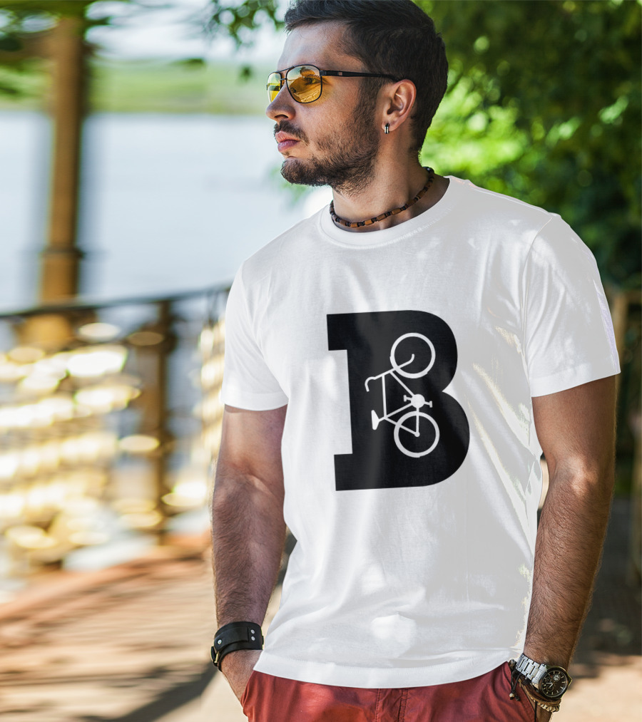 B Letter With Bicycle Motif Design In Bold Black T-Shirt