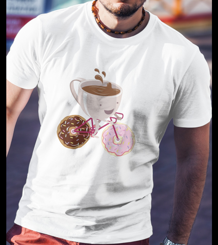 Happy Coffee Cup Riding Donut Bicycle Fun T-Shirt
