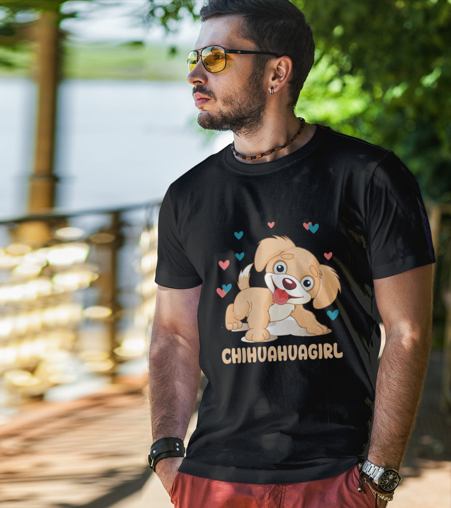 Chihuahuagirl Cute Cartoon Puppy Surrounded By Colorful Hearts T-Shirt