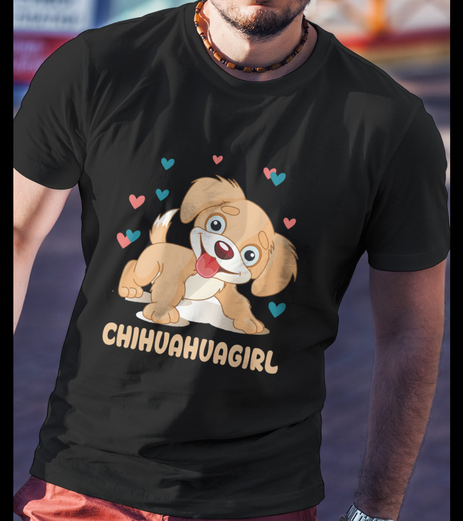 Chihuahuagirl Cute Cartoon Puppy Surrounded By Colorful Hearts T-Shirt