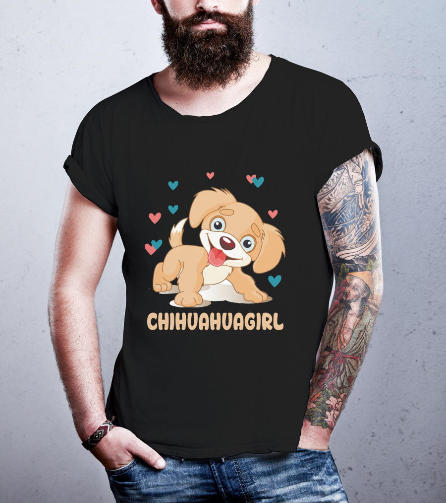 Chihuahuagirl Cute Cartoon Puppy Surrounded By Colorful Hearts T-Shirt
