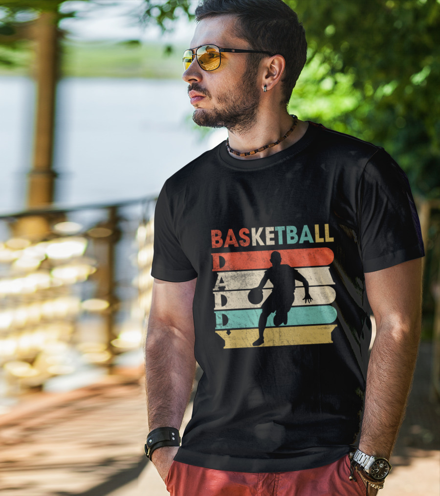 Basketball Daddy Retro Silhouette Player Vintage Stripes T-Shirt