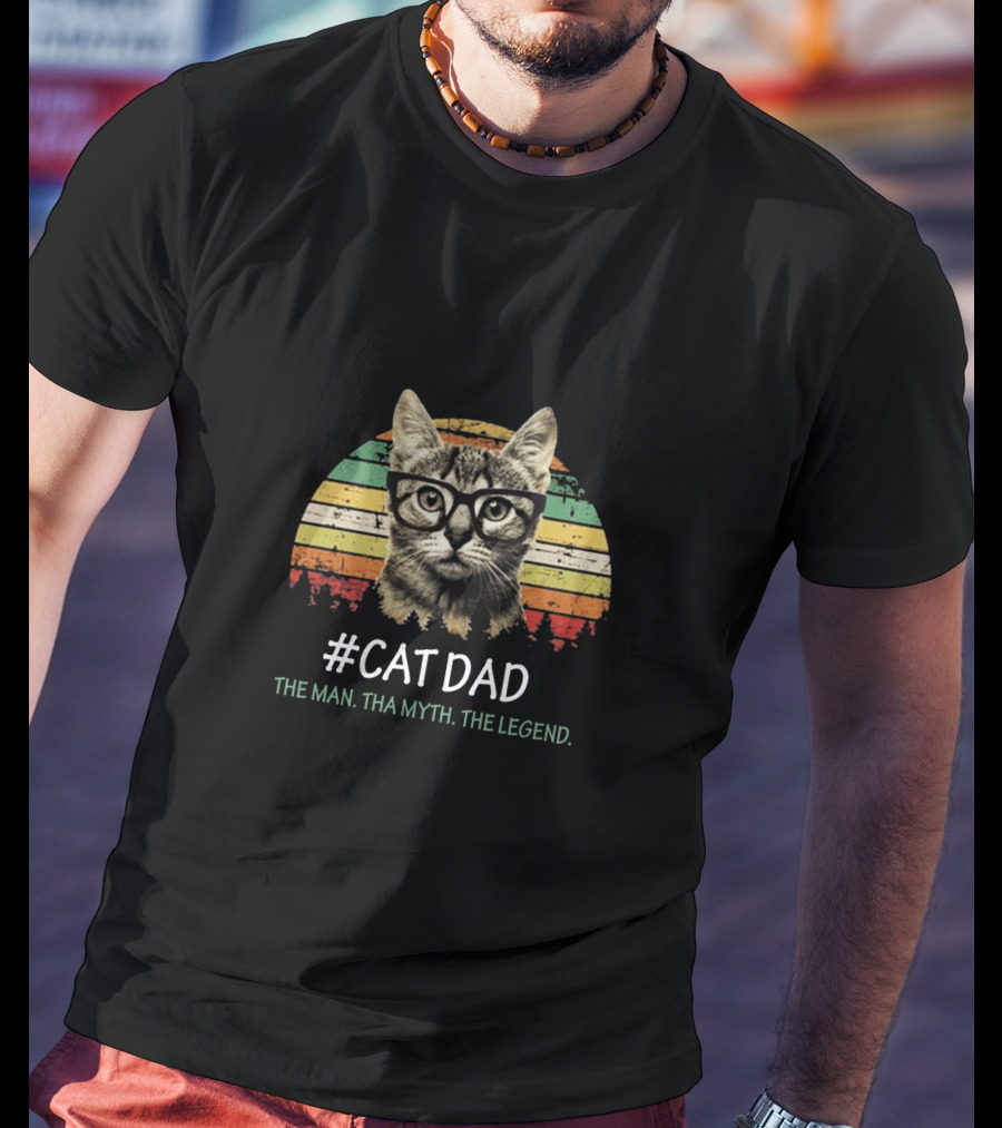 Cat Dad The Man Tha Myth The Legend Vintage Striped Glasses Cat T-Shirt