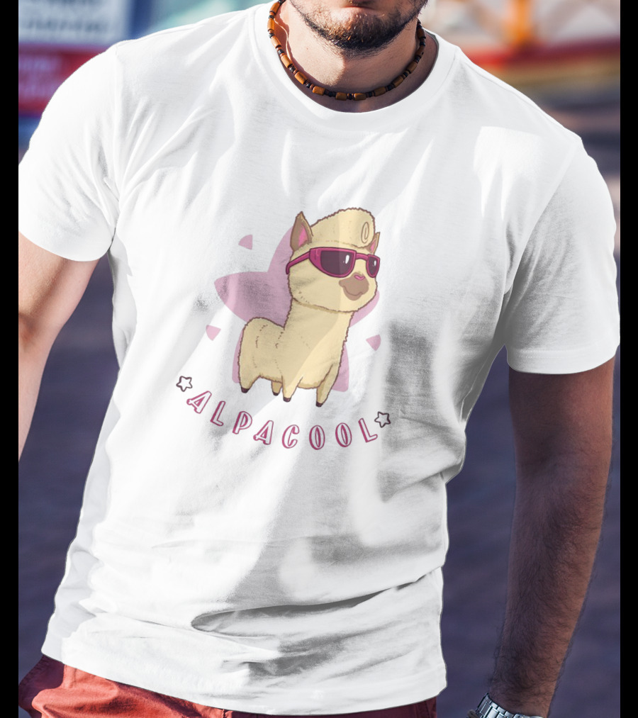 Alpacool Sunglasses-Wearing Alpaca With Pink Heart Background T-Shirt