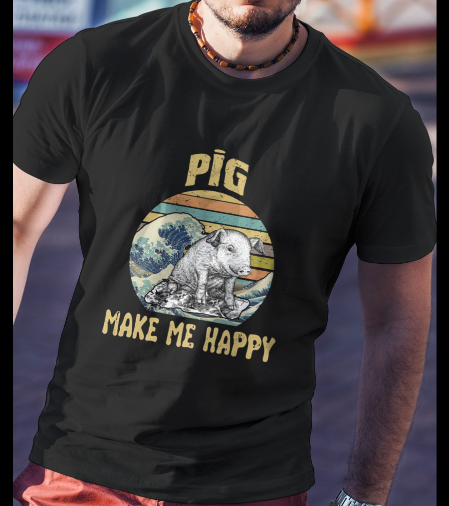 Pig Make Me Happy Retro Wave T-Shirt