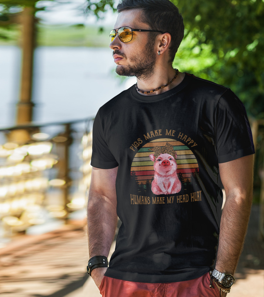 Pigs Make Me Happy Humans Make My Head Hurt Retro Pig With Leopard Print Bow T-Shirt
