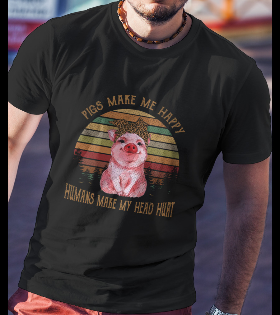 Pigs Make Me Happy Humans Make My Head Hurt Retro Pig With Leopard Print Bow T-Shirt