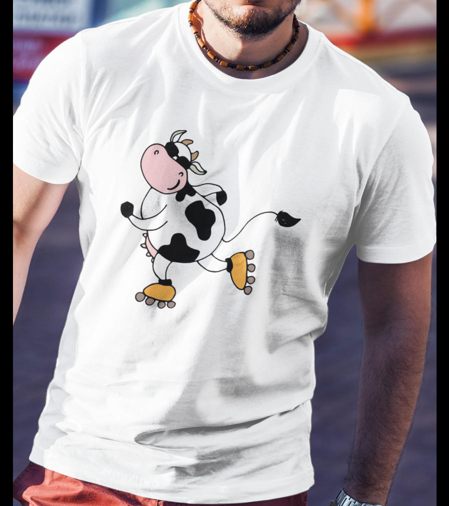 Funny Cow On Rollers Skates Joyful Cartoon T-Shirt