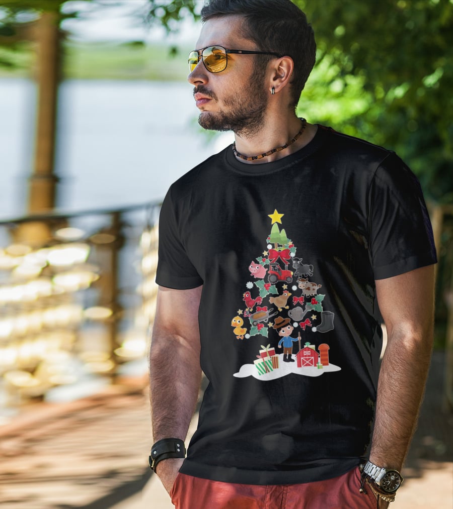 Farmer Christmas Tree With Farm Animals And Tractor T-Shirt