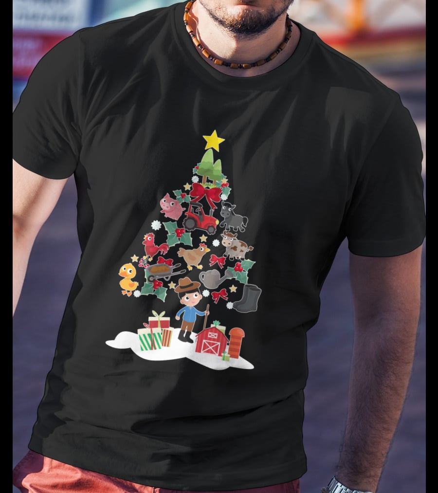 Farmer Christmas Tree With Farm Animals And Tractor T-Shirt