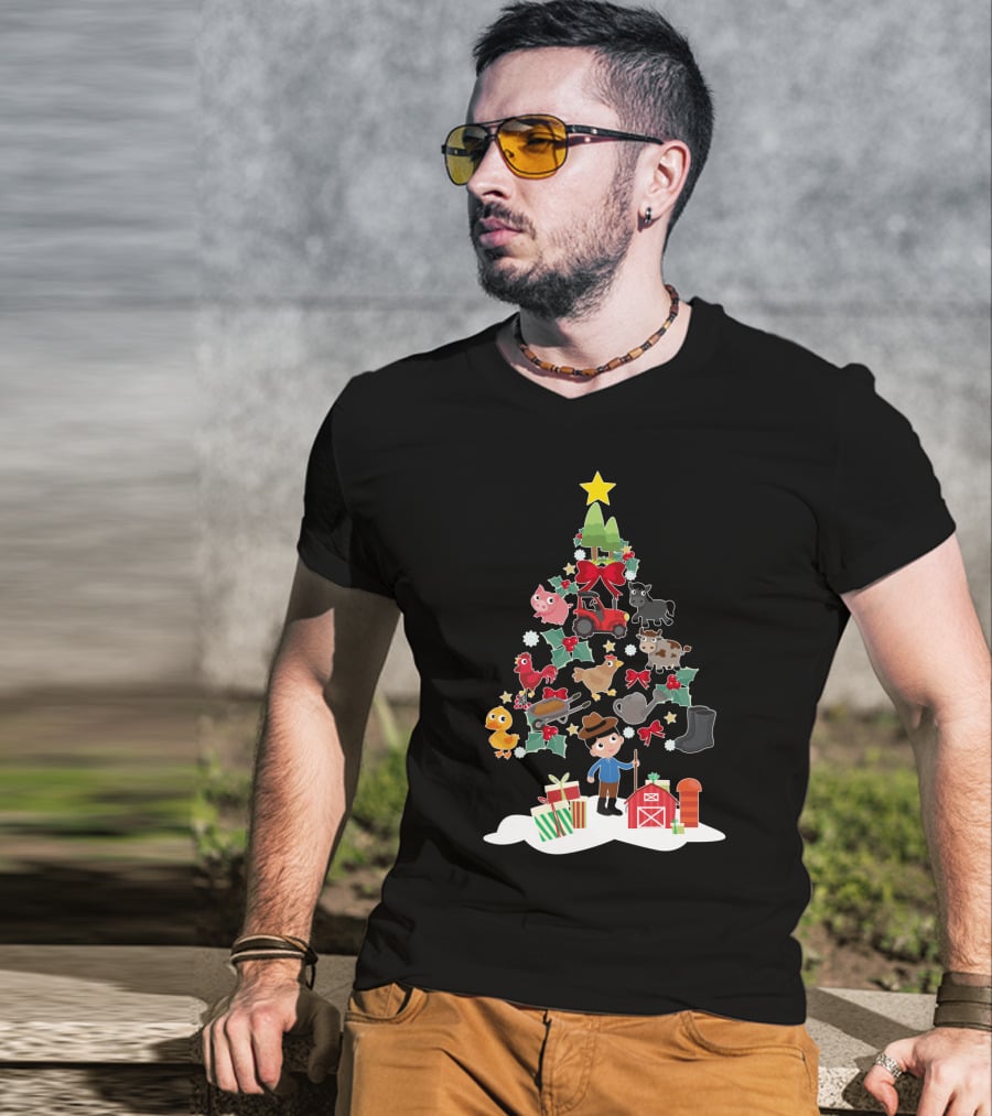 Farmer Christmas Tree With Farm Animals And Tractor T-Shirt