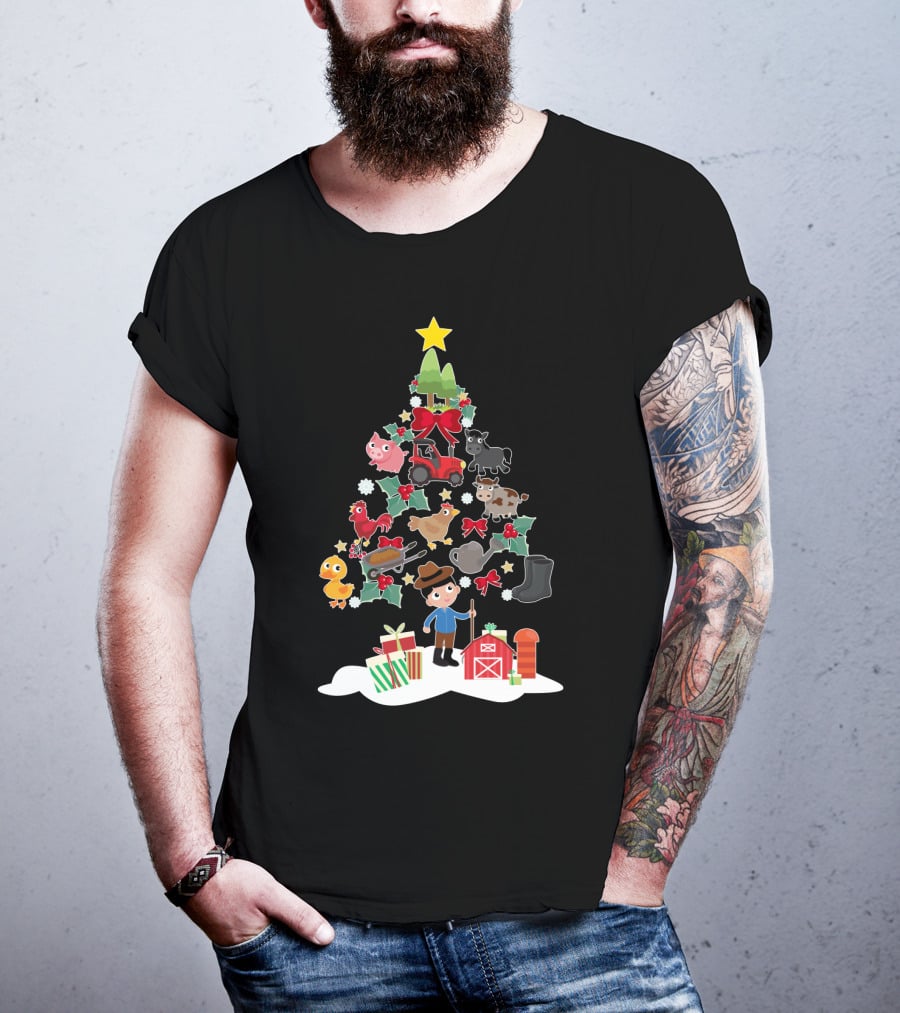 Farmer Christmas Tree With Farm Animals And Tractor T-Shirt