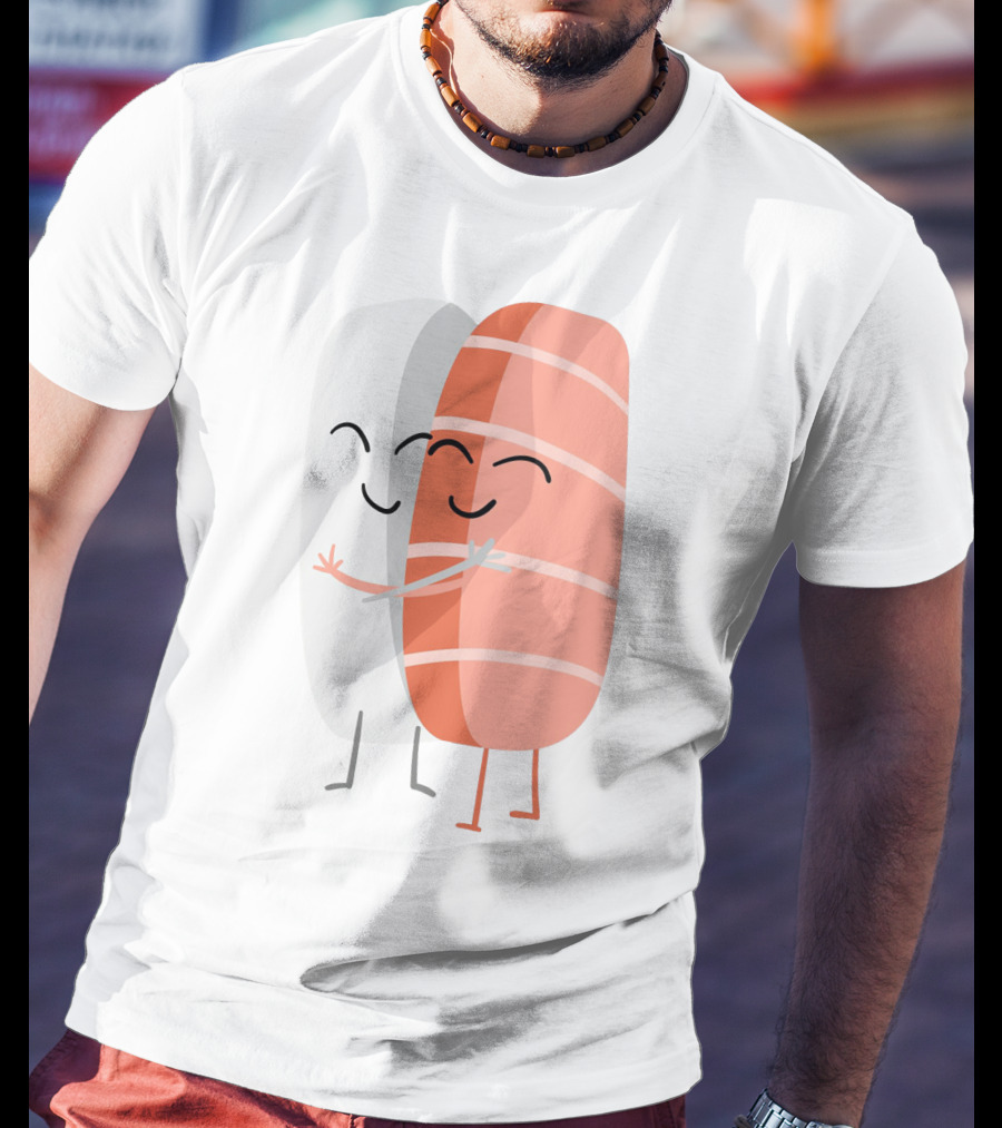 Kawaii Sushi Hugging Salmon Nigiri Cartoon T-Shirt