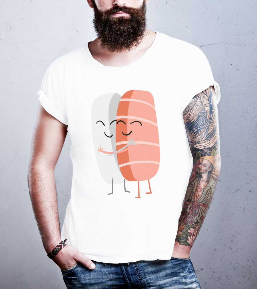 Kawaii Sushi Hugging Salmon Nigiri Cartoon T-Shirt