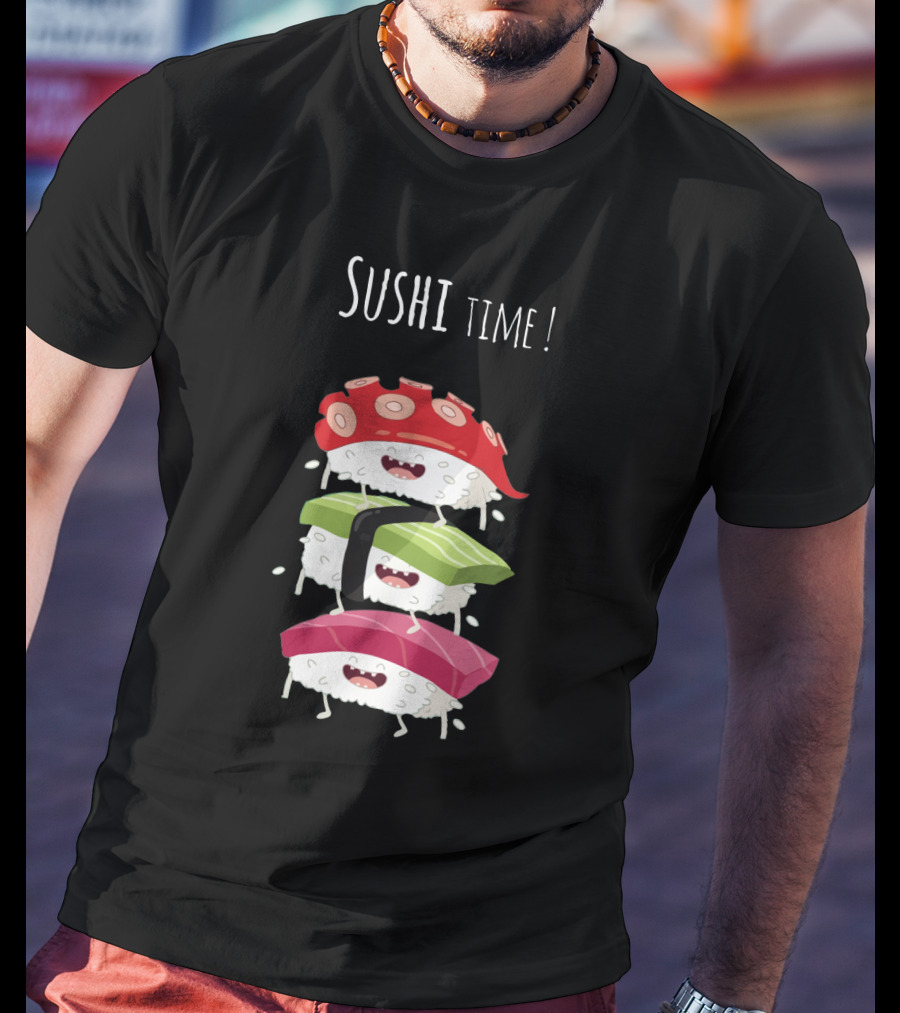 Sushi Time Funny Animated Sushi Stack With Smiling Rice Characters T-Shirt