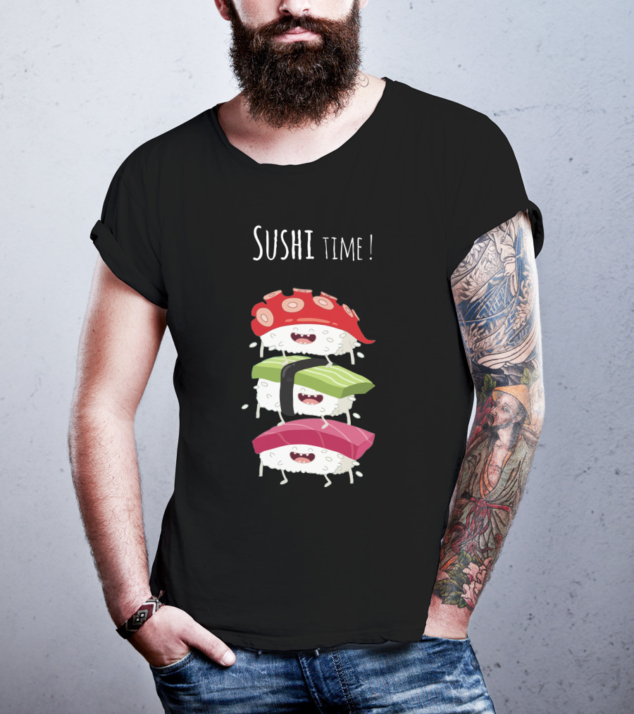 Sushi Time Funny Animated Sushi Stack With Smiling Rice Characters T-Shirt