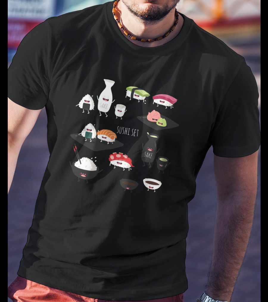Sushi Set With Happy Sake Characters And Cute Cartoon Sushi Rolls T-Shirt