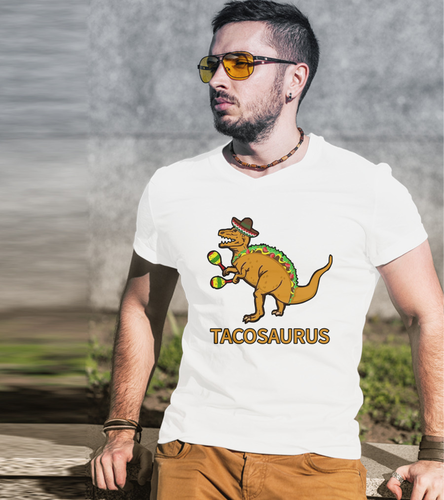 Tacosaurus Sombrero Dinosaur With Maracas Taco Lover Fiesta Fun T-Shirt