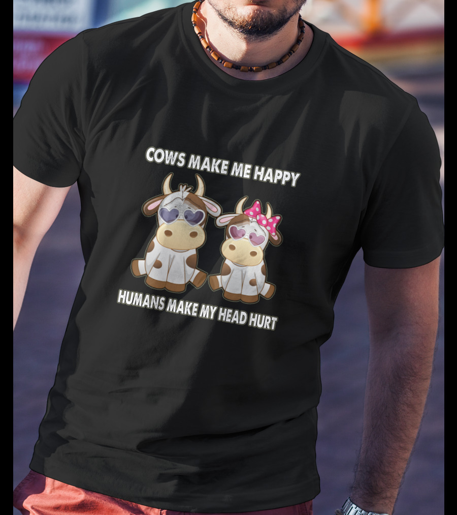 Cows Make Me Happy Humans Make My Head Hurt Heart Sunglasses And Pink Bow T-Shirt