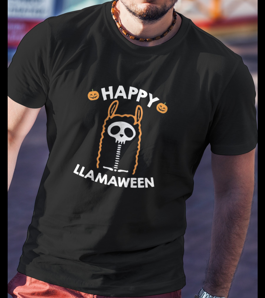 Happy Llamaween Funny Llama Skeleton With Pumpkins T-Shirt