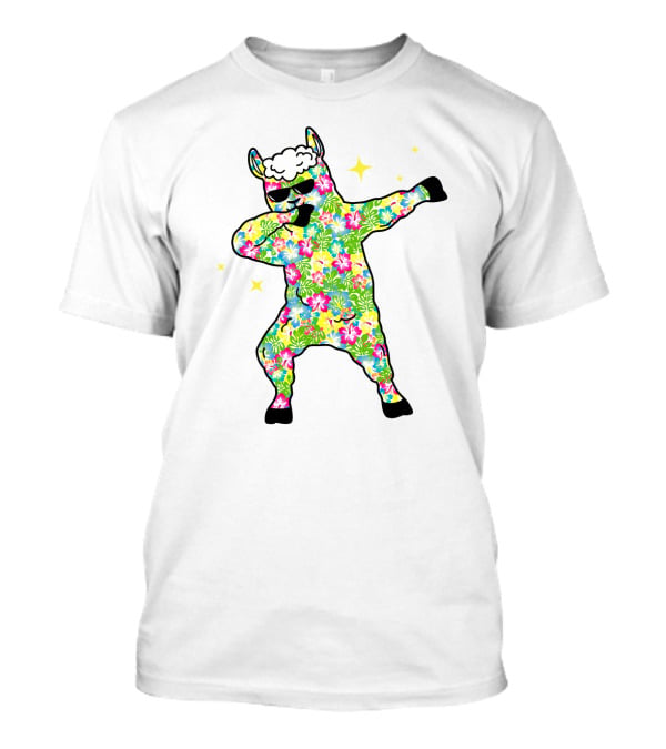 Llama Dabbing Tropical Floral Pattern With Sunglasses And Stars T-Shirt