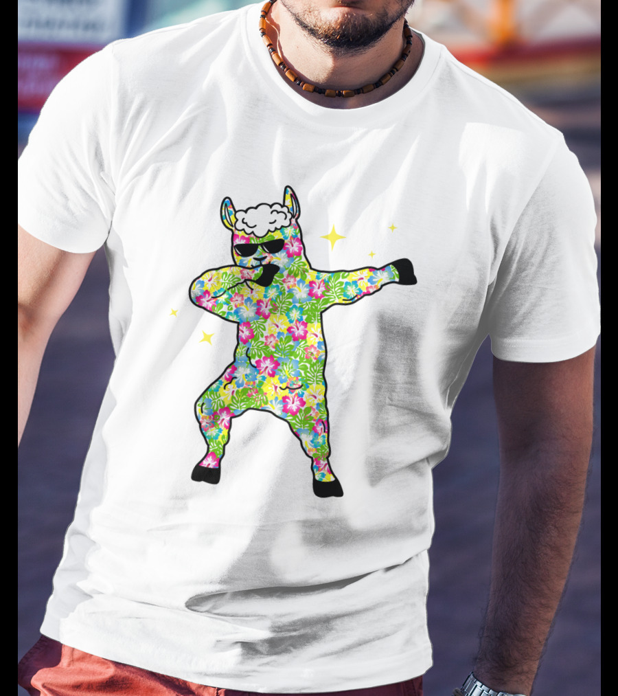 Llama Dabbing Tropical Floral Pattern With Sunglasses And Stars T-Shirt