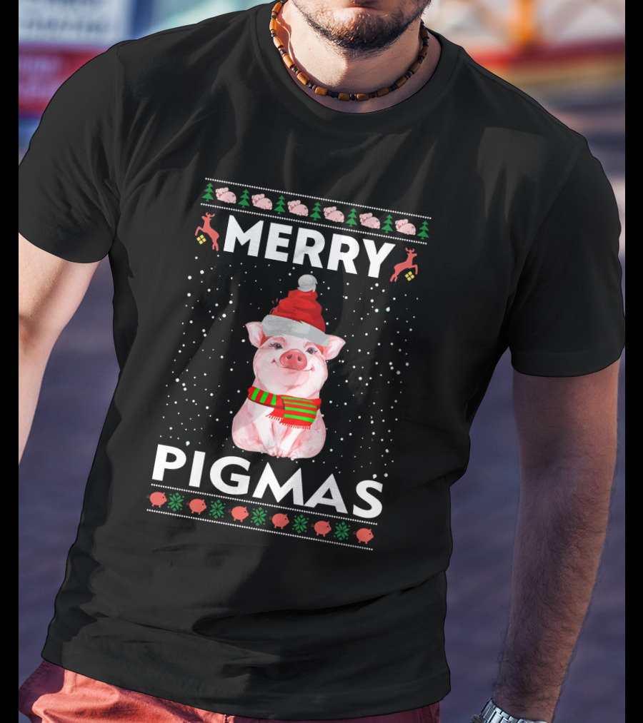Merry Pigmas Christmas Pig Festive Holiday Santa Hat Scarf Snowflakes Icons T-Shirt