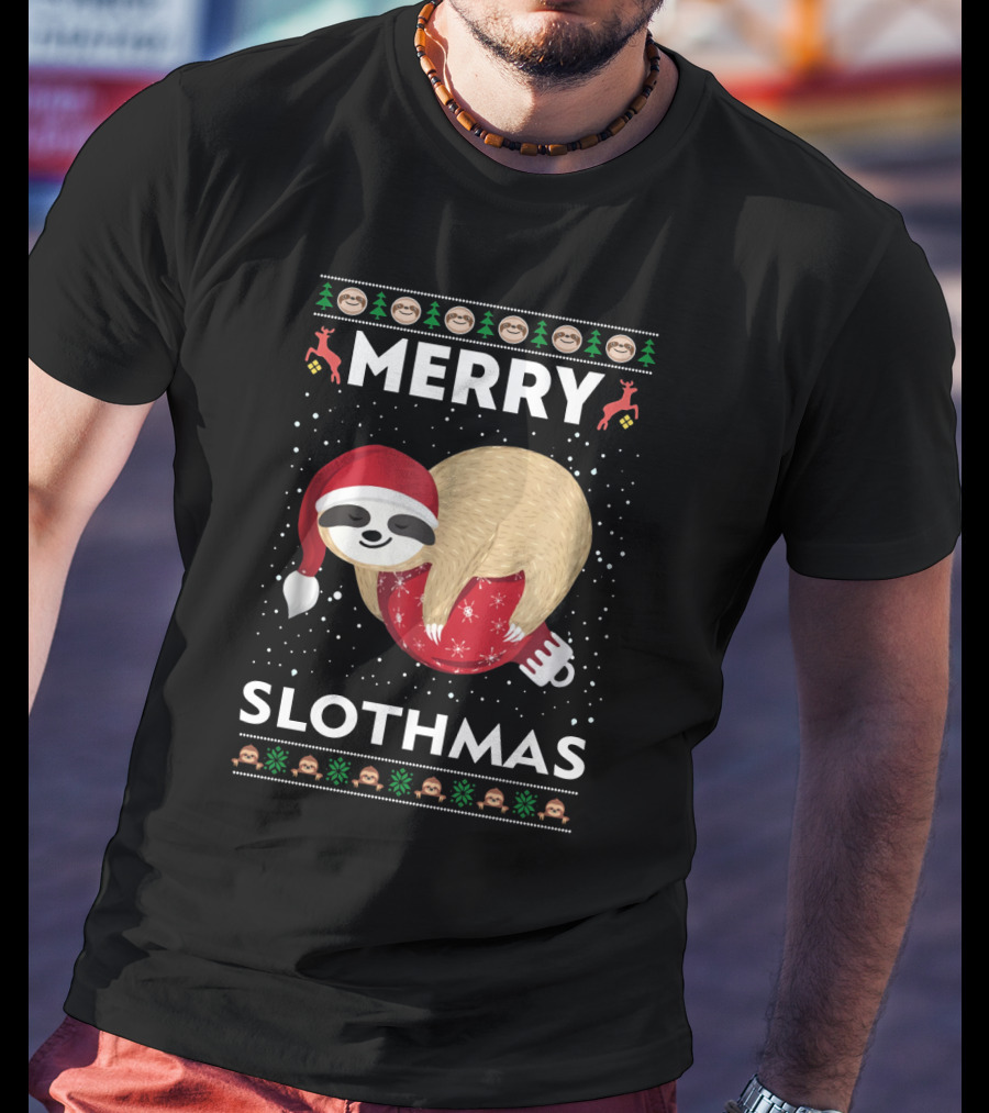 Merry Slothmas Ugly Christmas Sweater Sloth Holiday Festive Santa Hat T-Shirt