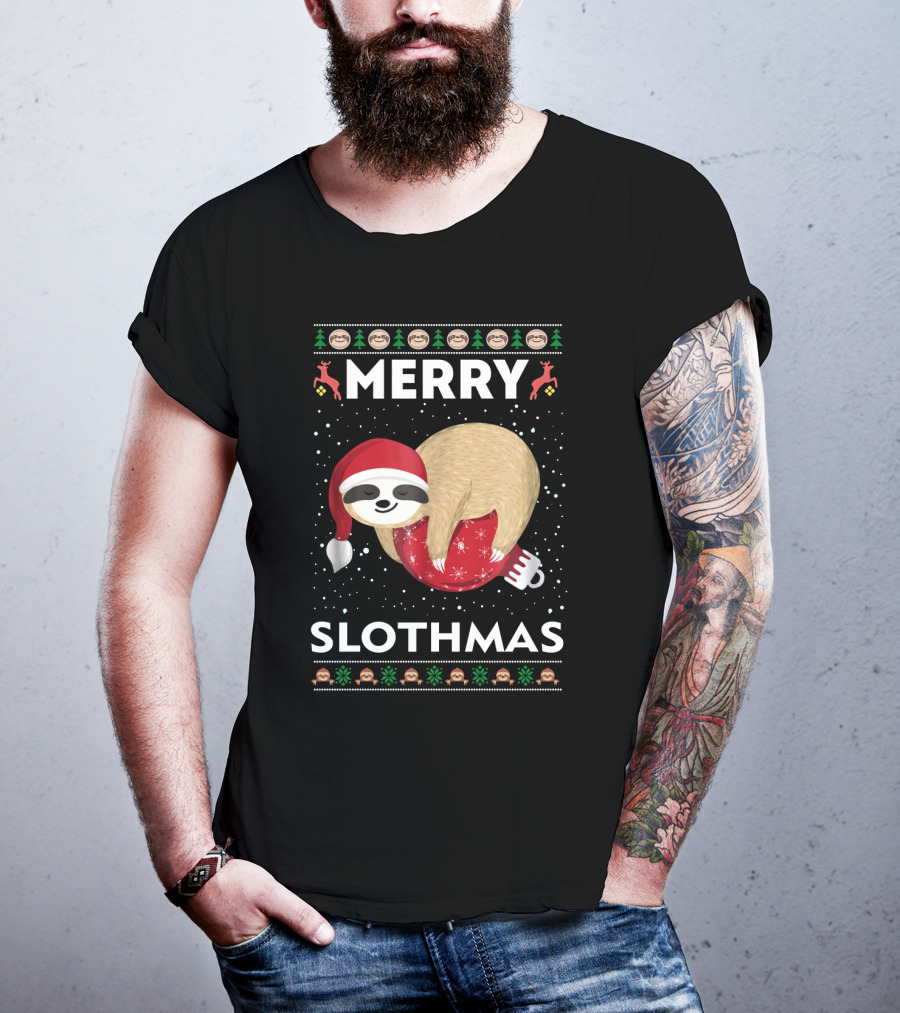 Merry Slothmas Ugly Christmas Sweater Sloth Holiday Festive Santa Hat T-Shirt