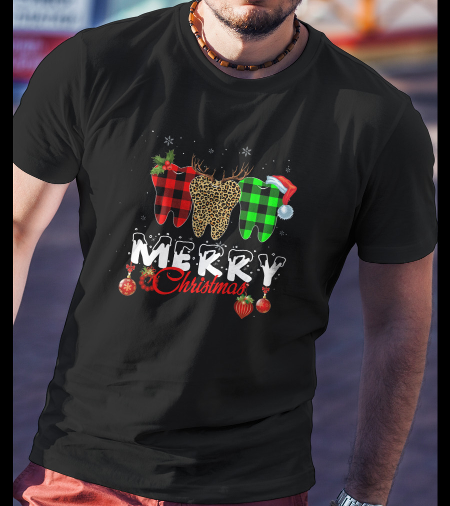 Merry Christmas Dentist Teeth Pattern Santa Hat T-Shirt